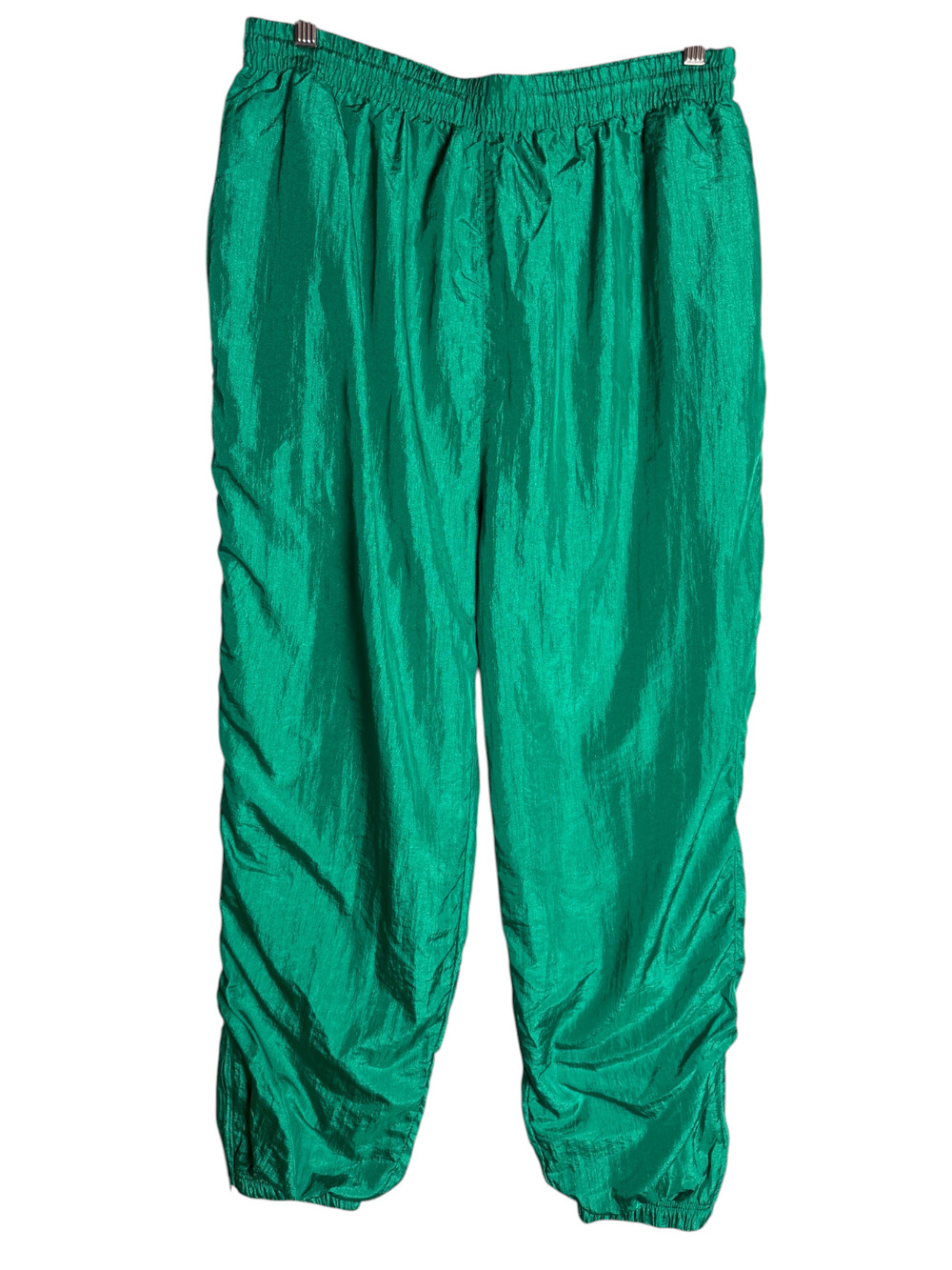 Vintage 90s Green Shiny Nylon Track Pants Ruched Ankle Zip Lined Plus Size 1X